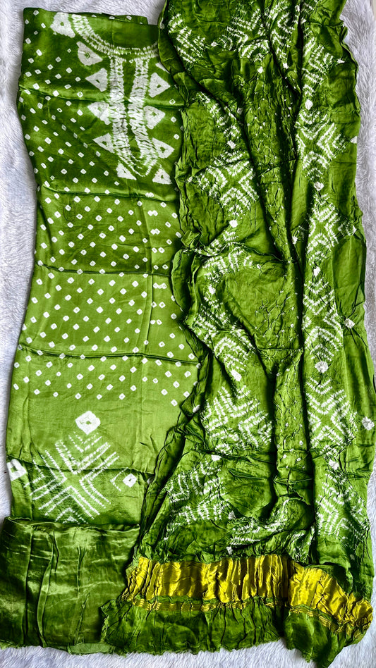 Kairi Green Bandhej Semi Modal Silk 3 pc Suit Set with Lagdi Patti Dupatta