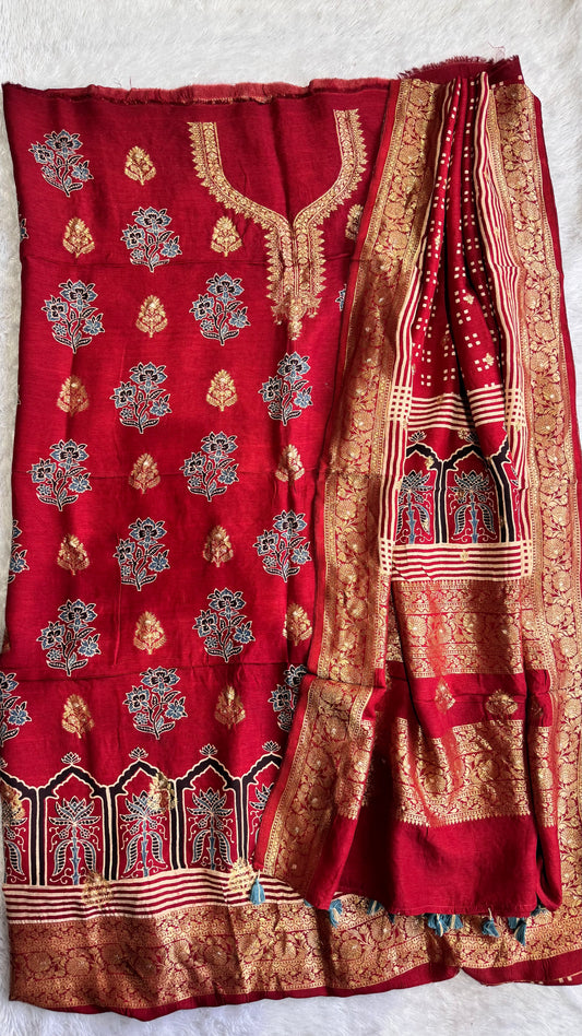 Deep Red Kamal and Jharokha Boota Pure Dola Silk Ajrakh Hand Block Print 2pc Suit Material Set with Zari Yoke and Nakkashi Dupatta