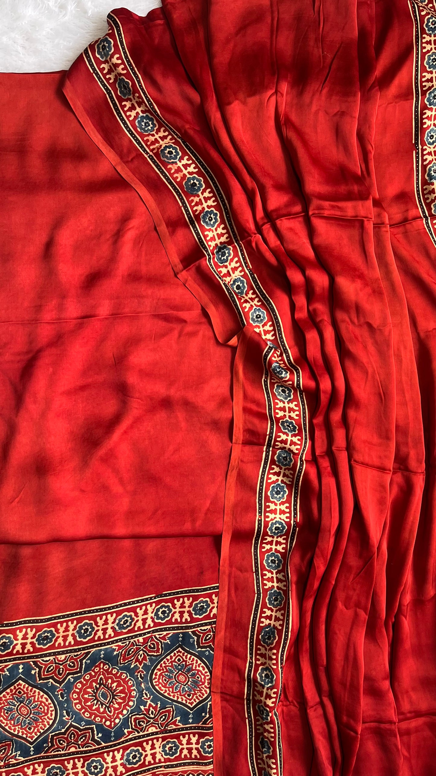 Deep Red Solid Shade Classic Motif Modal Silk Ajrakh Hand Block Print 2pc Suit Set
