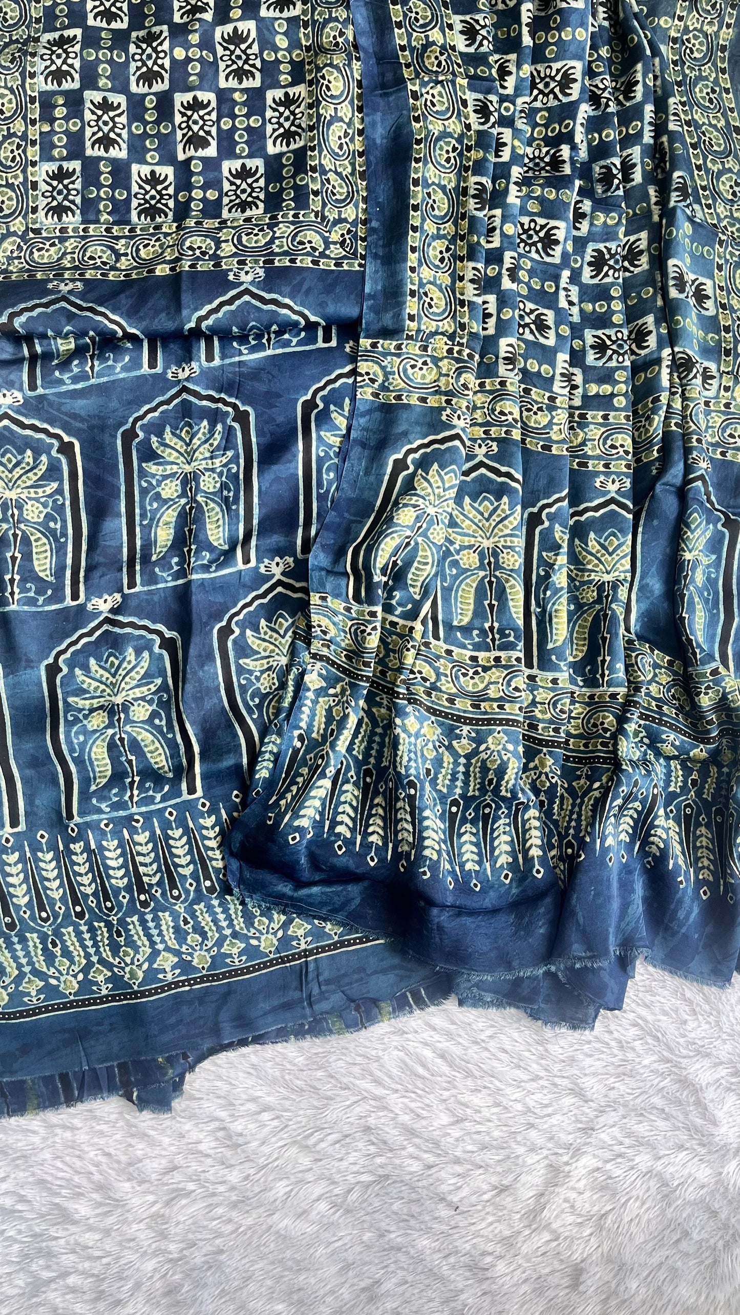 Indigo Jharokha Motif Modal Silk Ajrakh Hand Block Print 2pc Suit Set