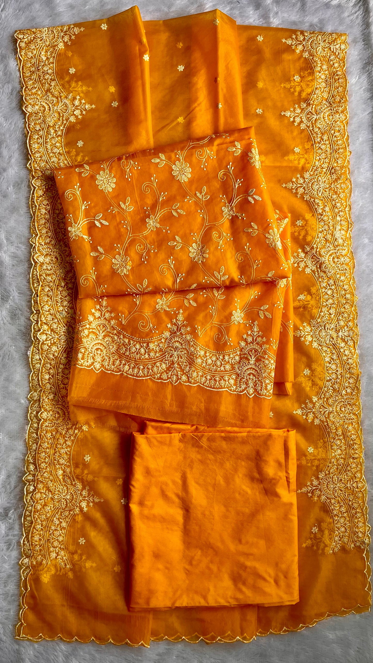 Aamras Shade Banarasi Tissue Silk 3-Piece Suit with Threadwork & Organza Dupatta