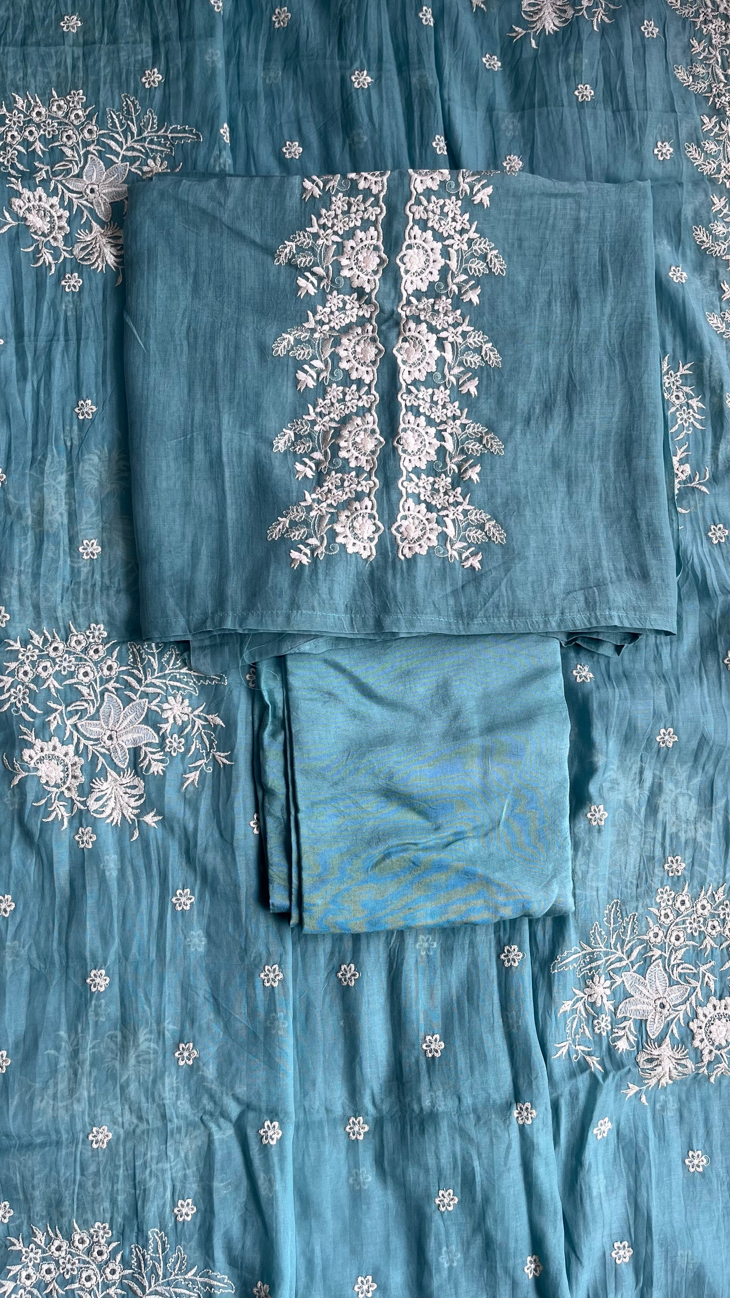 Turquoise Blue Pure Mul Chanderi 3 pc Suit Set with Embroidery on Yoke and Heavy Embroidered Dupatta