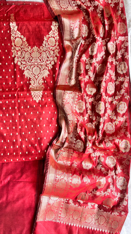 Sindoori Laal Shade Banarasi Silk Cotton 3-Piece Suit with Banarasi Woven Yoke & Dupatta