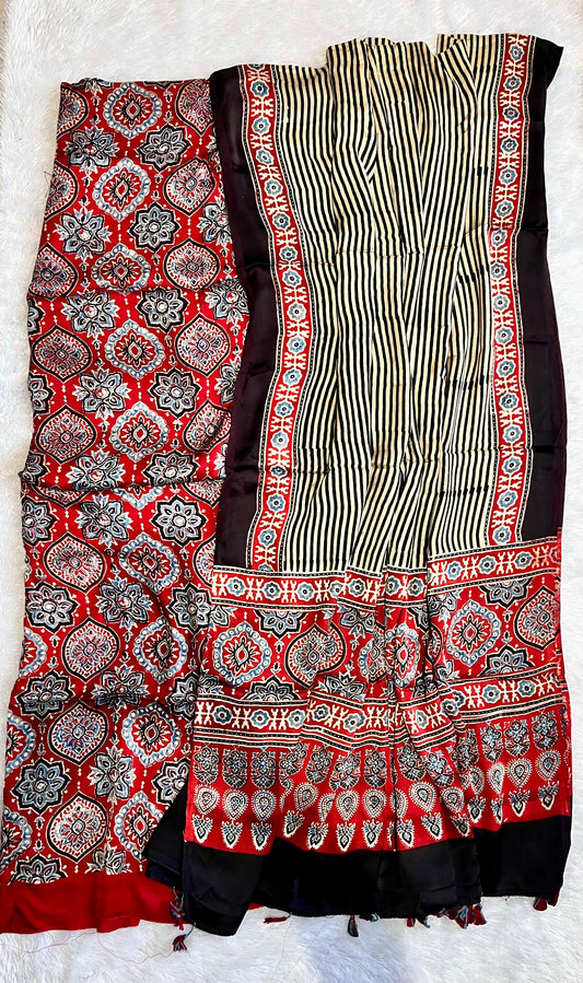 Maddar Red Badaam Buta and Dhaari Natural Print Modal Silk Hand Block Print 2pc Suit Material