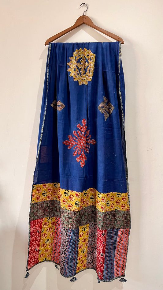 Navy Blue Ajrakh Applique Patchwork Cotton Dupatta