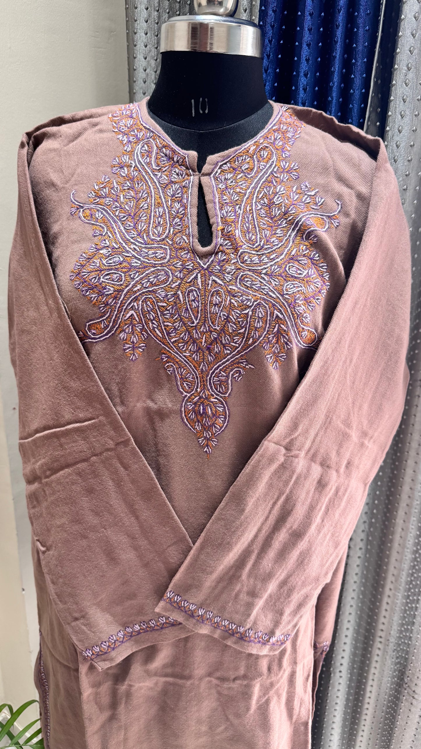 Mouse Shade Hand Embroidered Pure Marino Wool Kashmiri Pheran with Pockets and Hand Embroidered Sleeves (Size 52”)