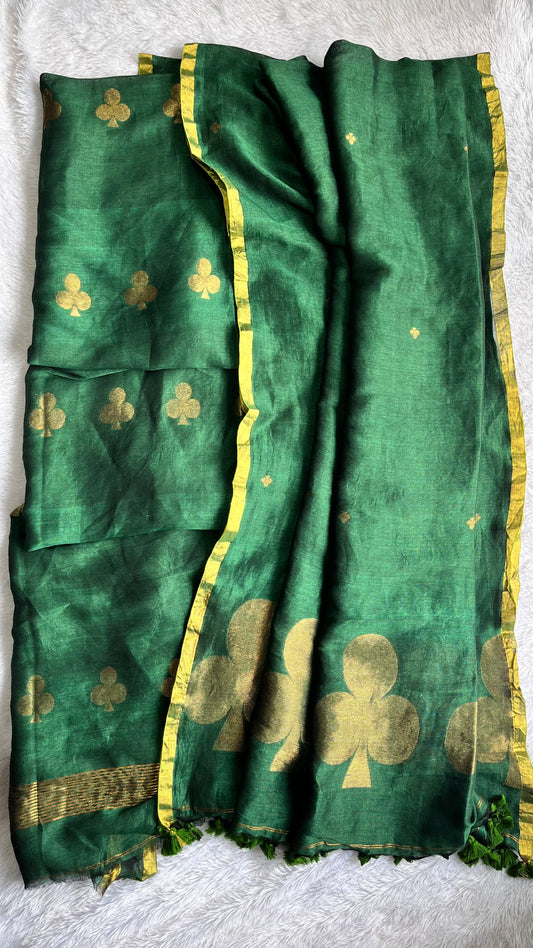 Forest Green Paan Buta Pure Jayshree Linen with Jamdani Hand Woven Daman 2 pc Suit Set