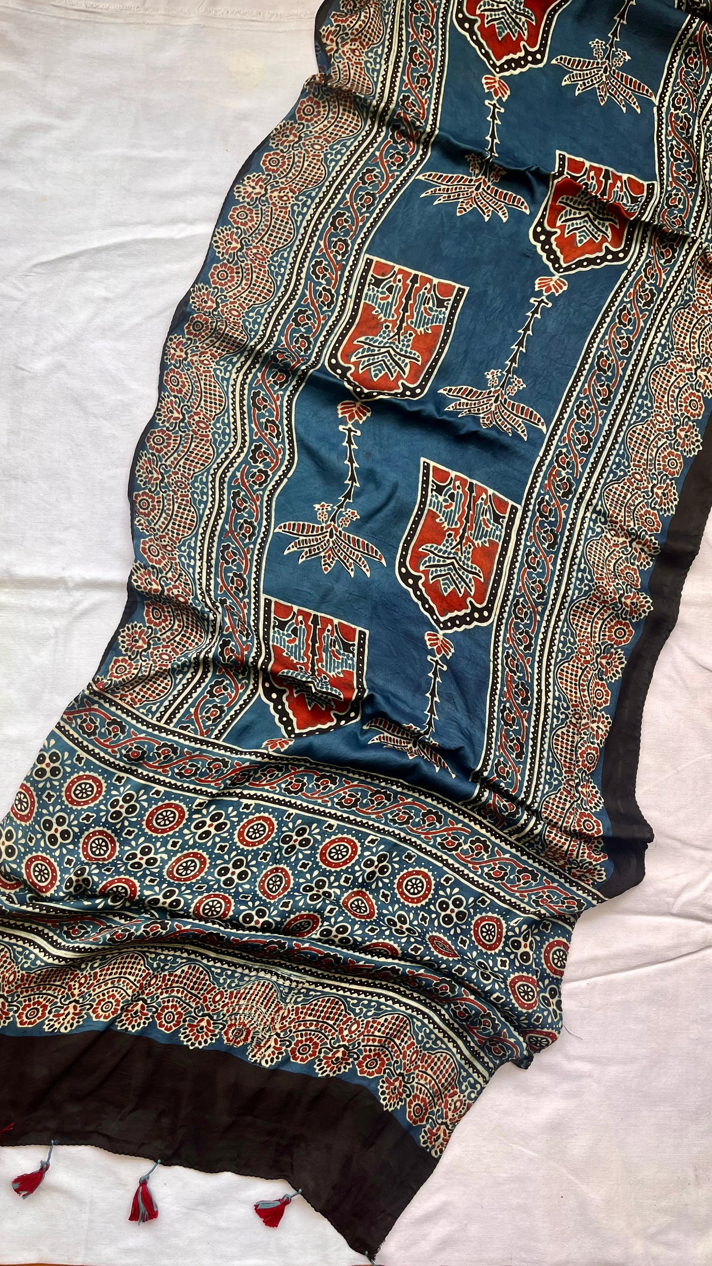 Blue Jharokha and Kamdhenu Motif Ajrakh Hand Block Print Modal Silk Stole with Tassels