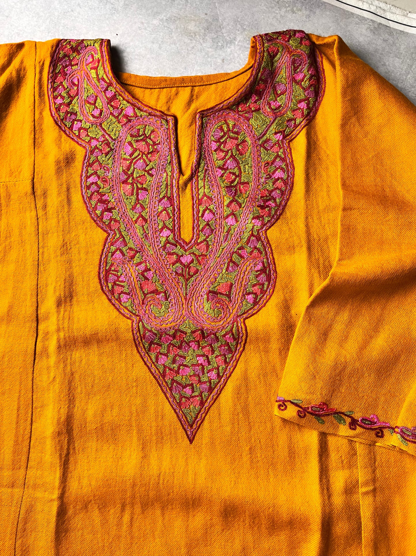 Mustard Sozni Embroidery Kashmiri Merino Wool Pheran with Pockets