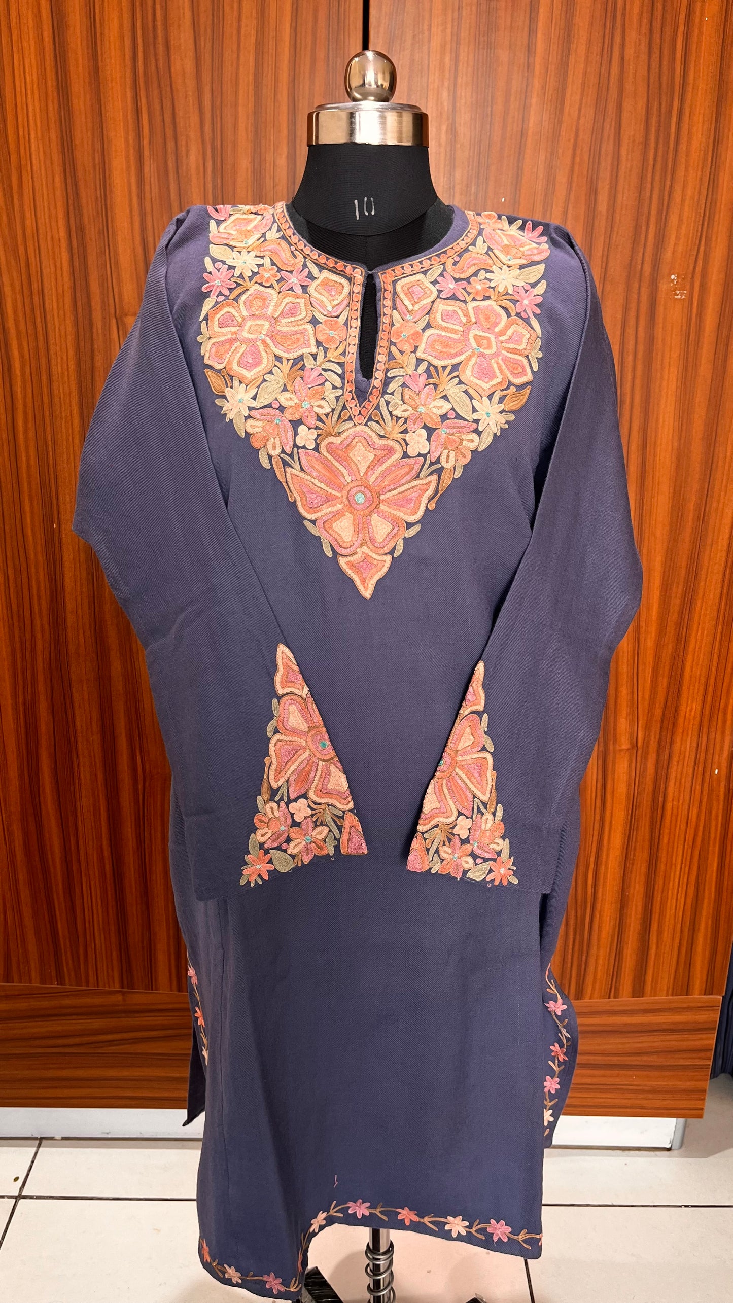 Dark Grey Shade Aari Hand Embroidered Marino Wool Pheran with Pockets