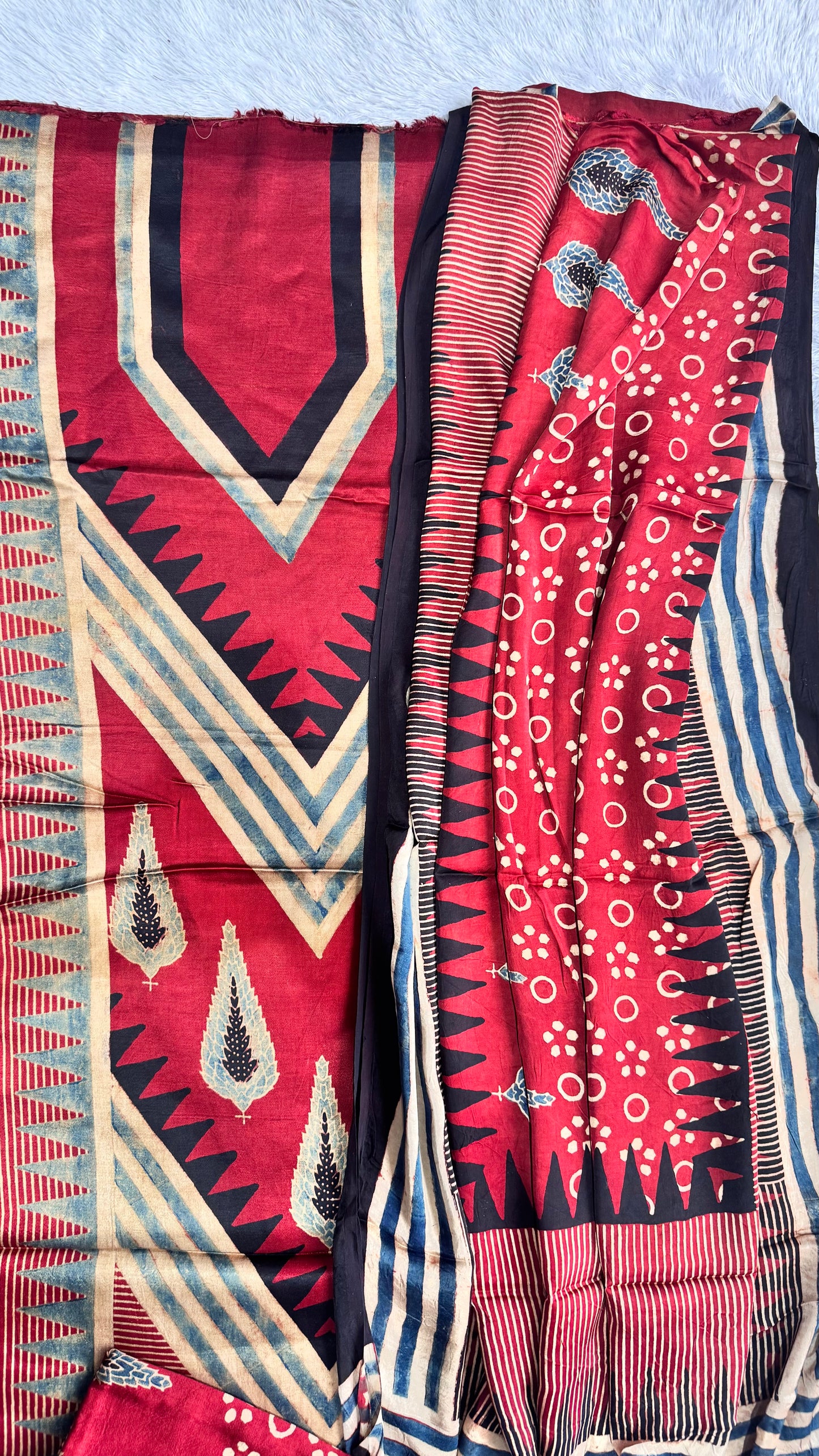 Deep Red Asopallav Motif Ajrakh Hand Block Print Mashru Silk 3 pc Suit Material with Modal Silk Dupatta