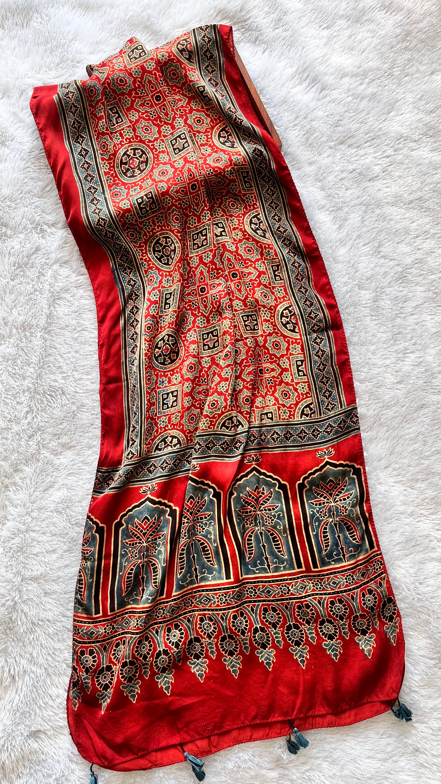 Red Grid Booti Motif Ajrakh Hand Block Print Mashru Silk Stole with Tassels