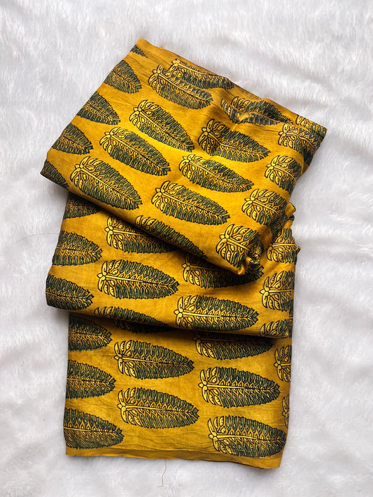 Turmeric Yellow Asopallav Motif Ajrakh Mashru Silk Fabric