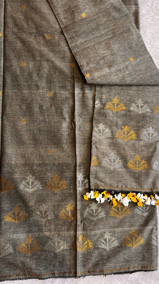 Steel Grey Unstitched Pure Linen with Tissue Weaving Buttas 2 pc Suit Set