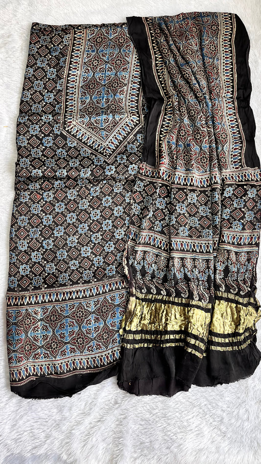 Black Grid Print Modal Silk Hand Block Print 2pc Suit Material with Lagdi Patta Dupatta