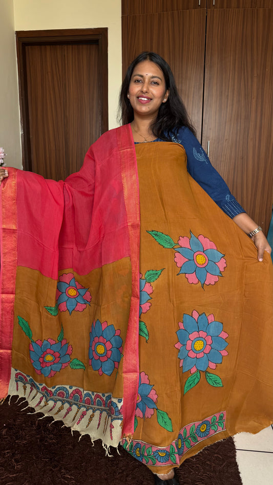 Honey Mustard Bangalore Silk Pen Kalamkari Kurta Dupatta Set