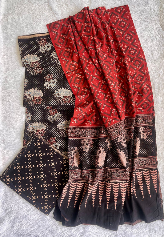 Black and Red Floral Booti Motif Ajrakh Unstitched Pure Cotton Suit Set with Cotton Dupatta