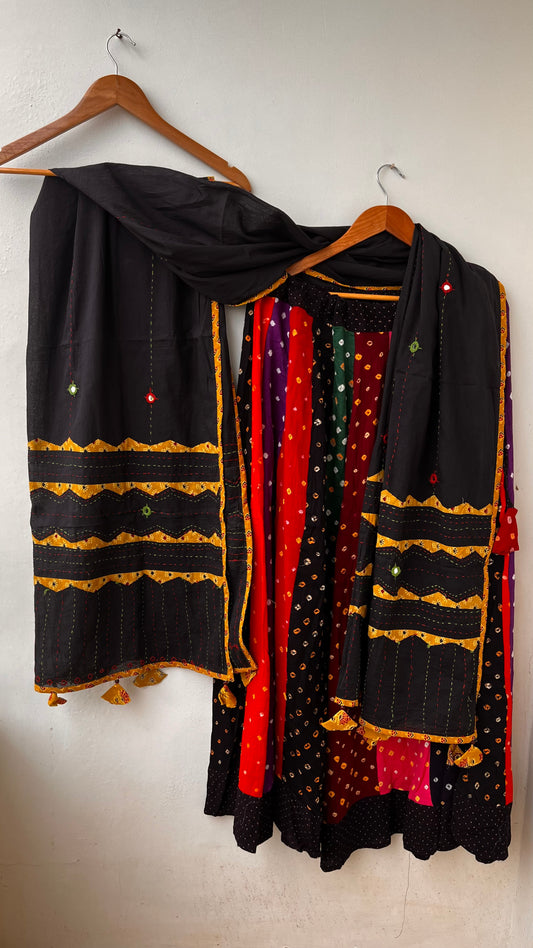 Multicolour Gherdaar Kali Cotton Long Flared Skirt with Black Applique Patchwork Dupatta