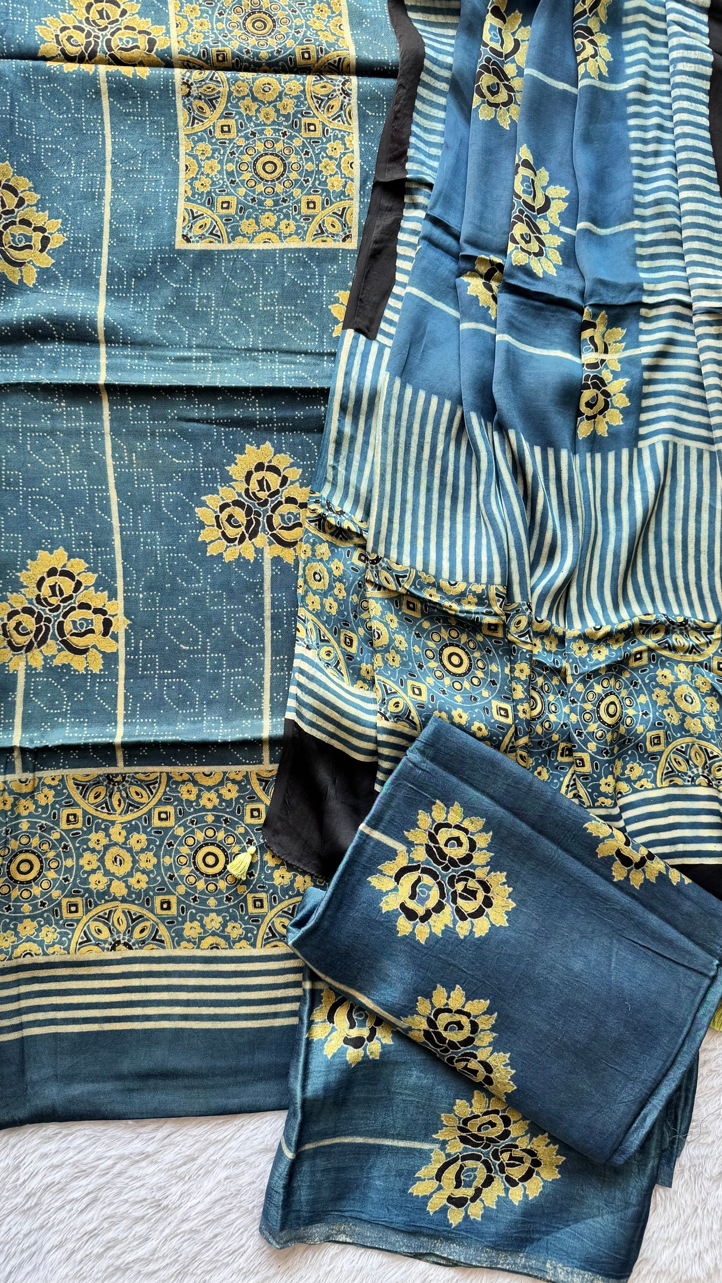 Indigo Floral Motif Ajrakh Hand Block Print Mashru Silk 3 pc Suit Material with Modal Silk Dupatta
