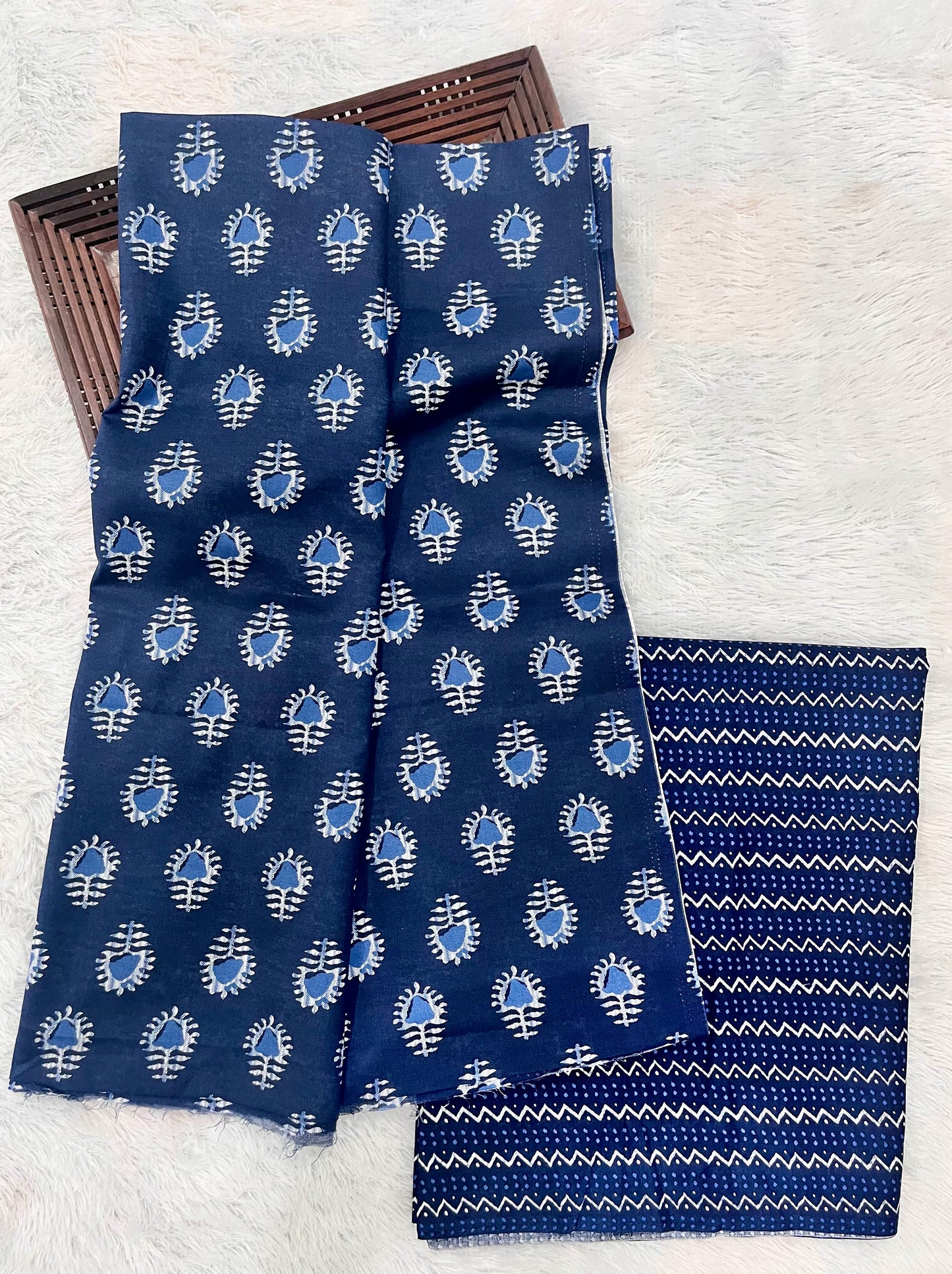 Navy Blue Shade Ikat Print Pure Cotton 2pc Suit Set