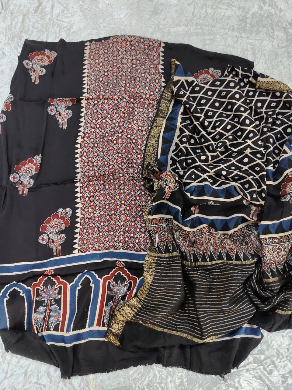 Black Phool and Jharokha Motif Modal Silk Ajrakh Natural Dyed Hand Block Print 2pc Suit Material Set with Dola Silk Dupatta