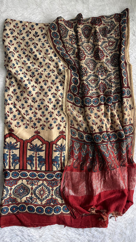 Milky White and Red Jharokha Motif Chanderi Silk Suit set with Ajrakh Hand Block Printing