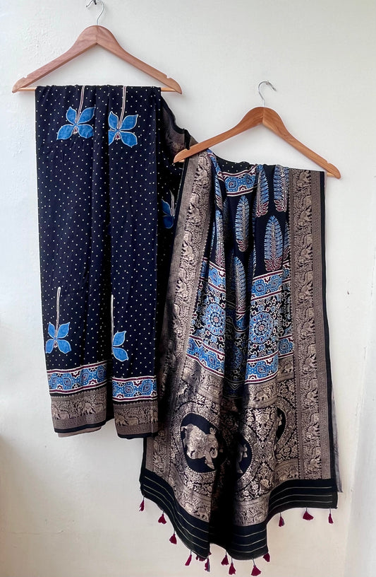 Black Polka and Fireflies Motif Ajrakh Hand Block Dola Silk Saree with Zari Pallu