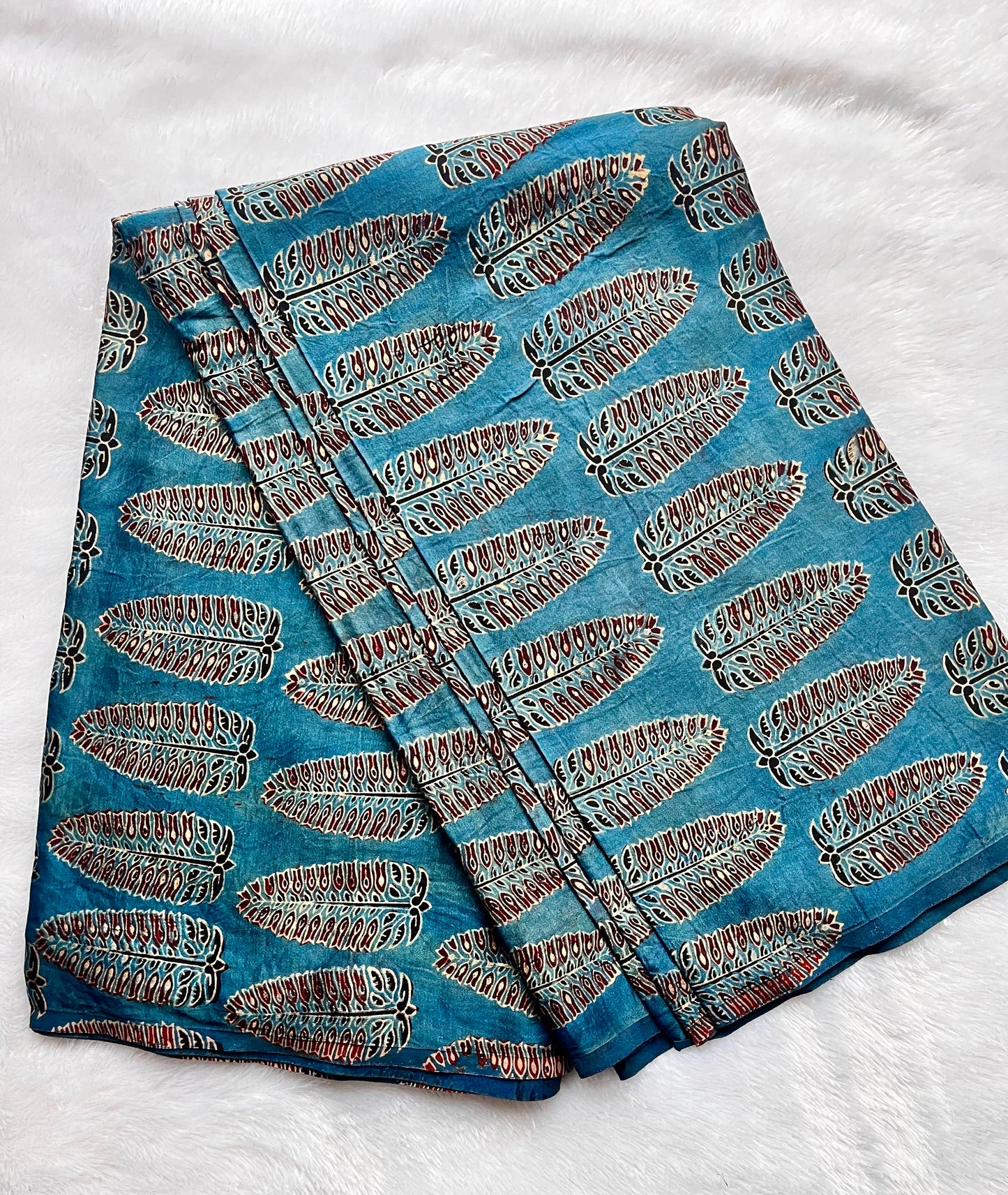 Blue Asopallav Motif Ajrakh Mashru Silk Fabric