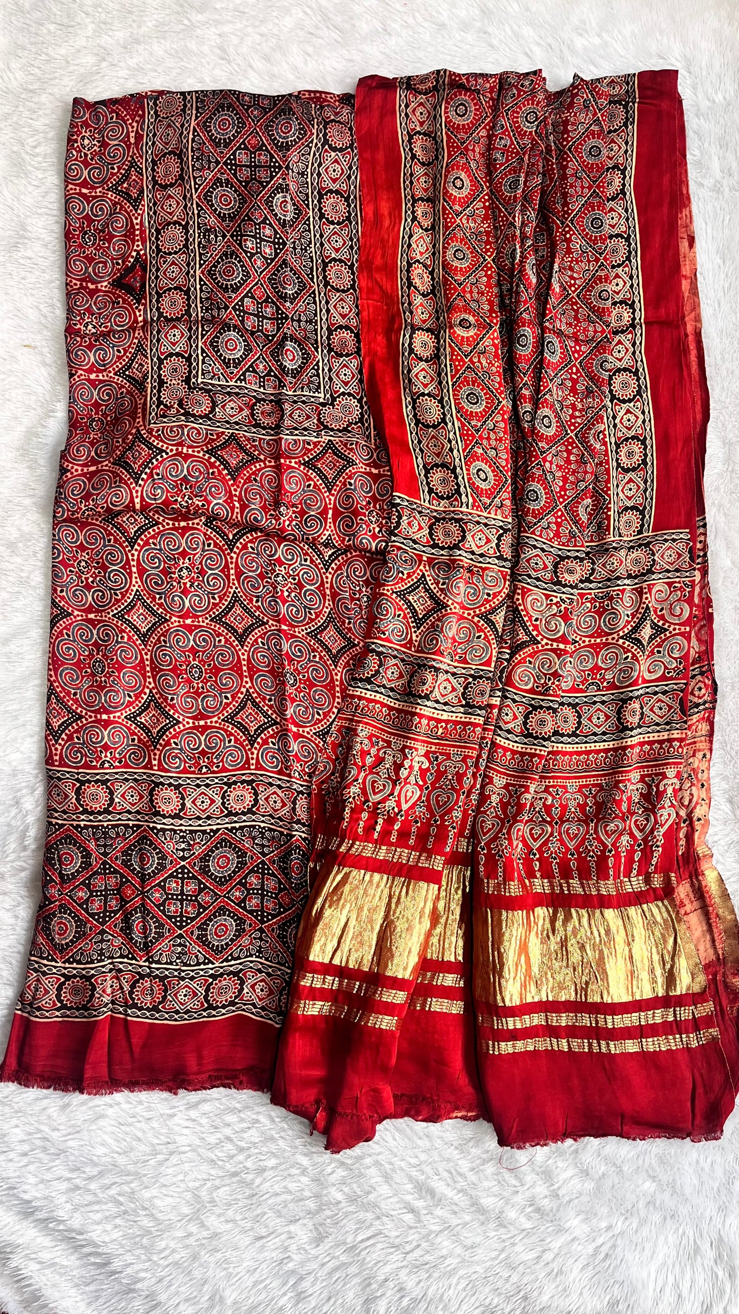 Red Circle Buta Print Modal Silk Ajrakh Natural Dyed Hand Block Suit Set with Lagdi Patti Dupatta