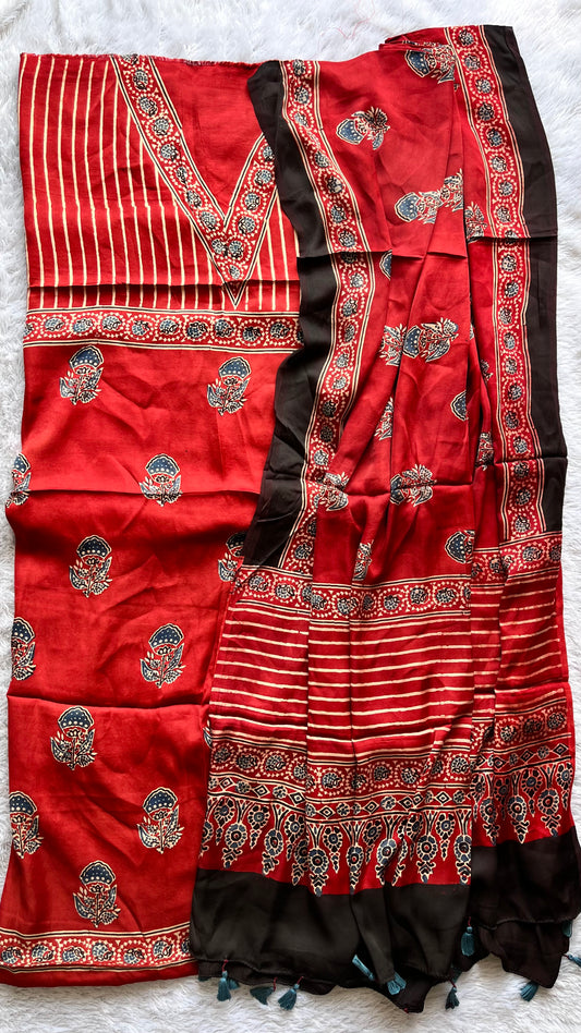 Deep Red Dhaari and Buta Pure Modal Silk Suit Set with Modal Silk Dupatta
