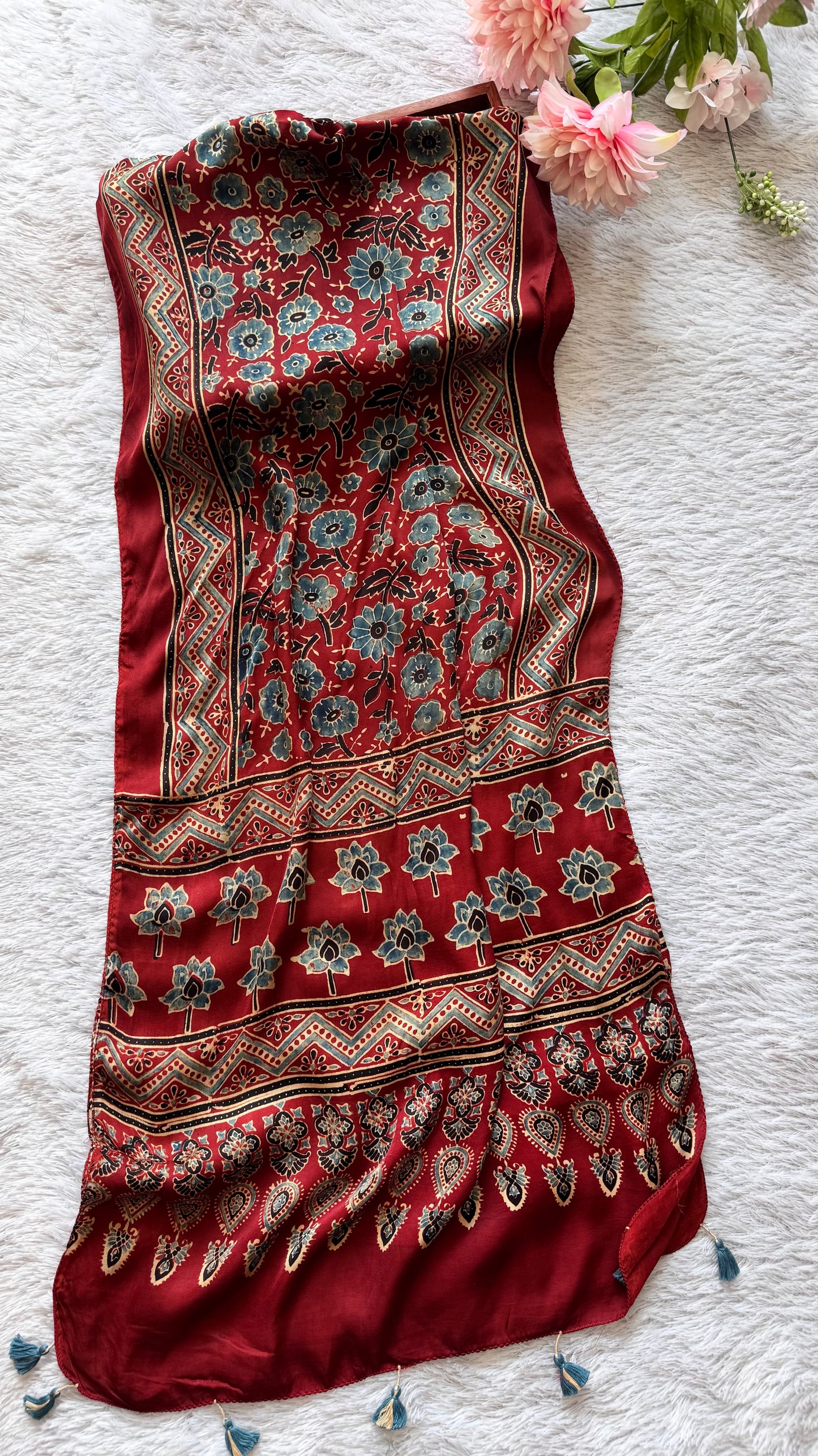 Maddar Red Floral Motif Ajrakh Hand Block Print Modal Silk Stole with Tassels