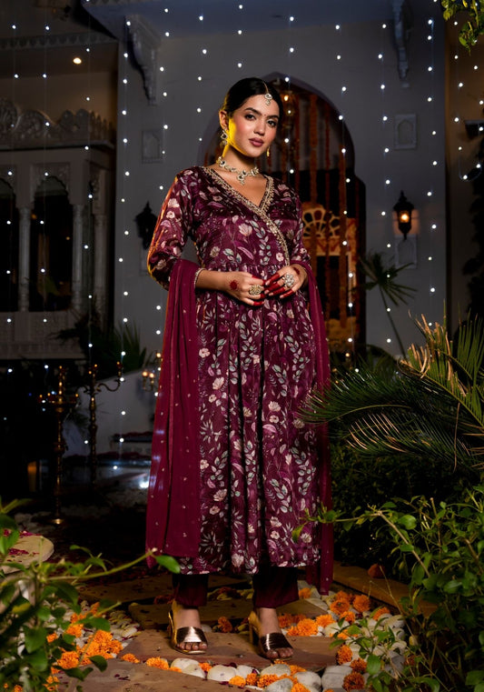 Wine Shade Floral Print Pure Chinon Suit Set with Lace Dupatta