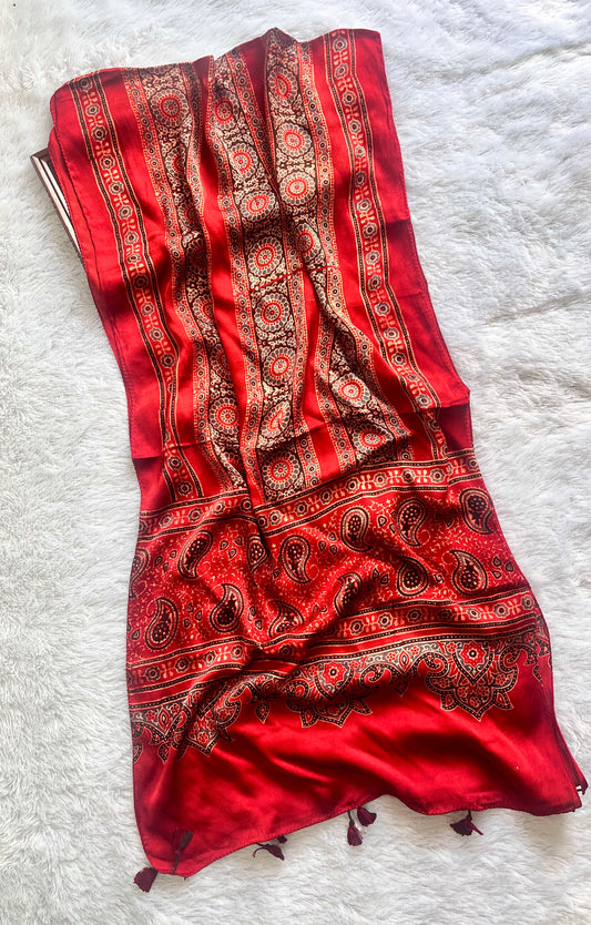 Red and Black Patti Motif Ajrakh Hand Block Print Modal Silk Stole with Tassels