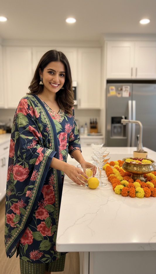 Navy Blue Floral Print Pure Cotton Suit Set with Cotton Dupatta