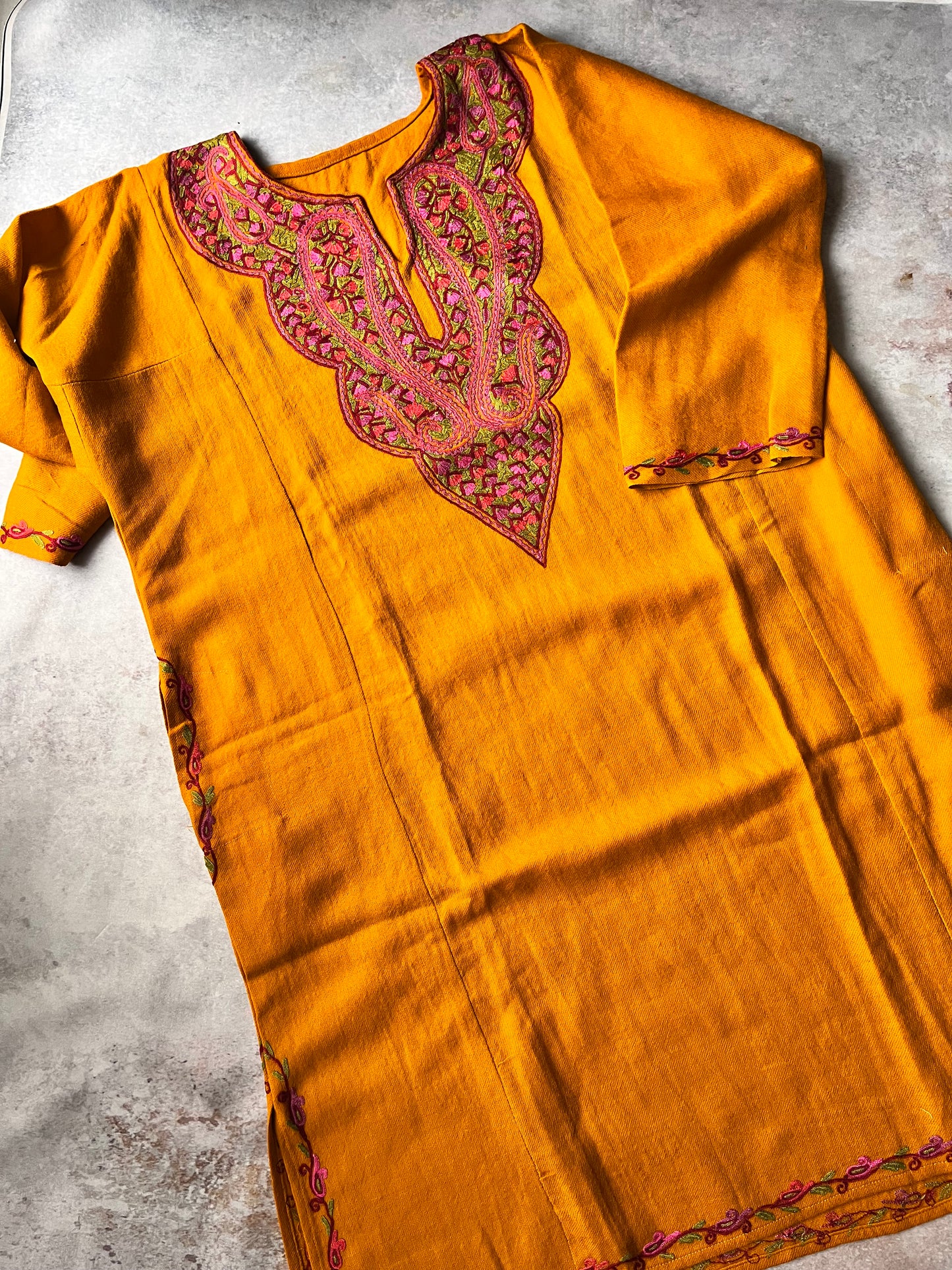 Mustard Sozni Embroidery Kashmiri Merino Wool Pheran with Pockets