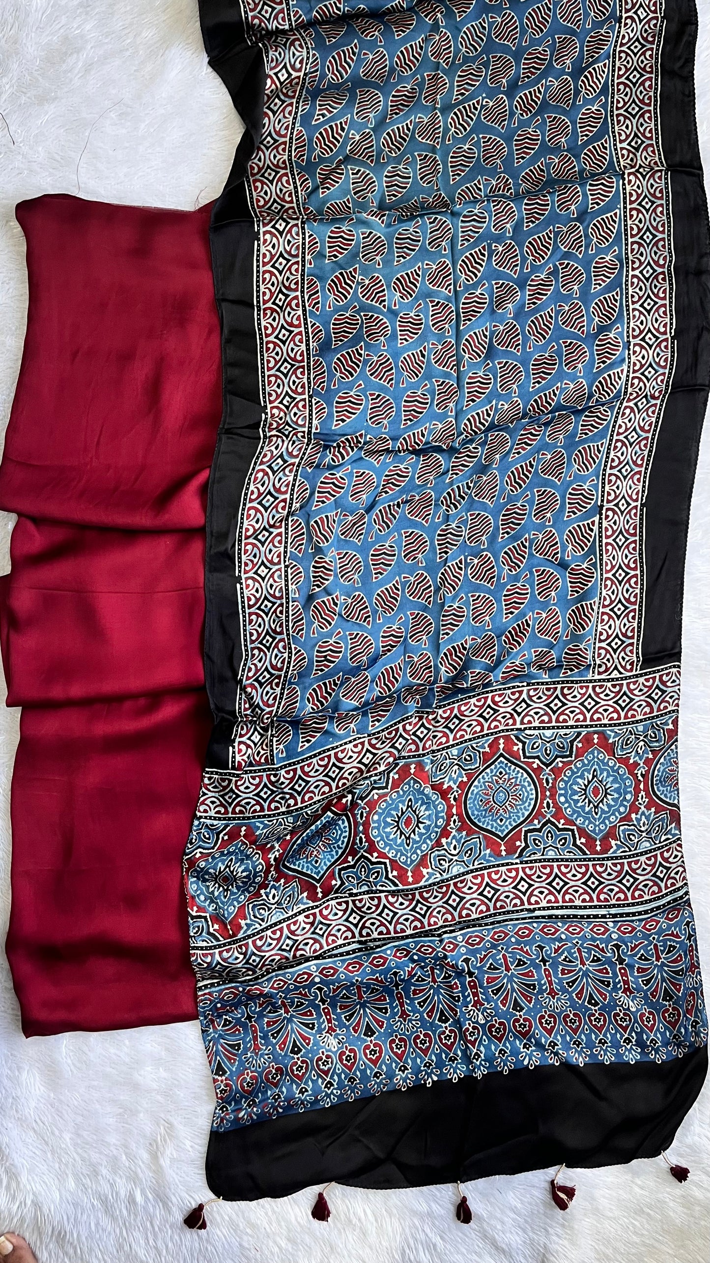 Maroon Solid Shade Modal Silk 2 pc Suit Set with Matching Blue Grid Buta Modal Silk Stole