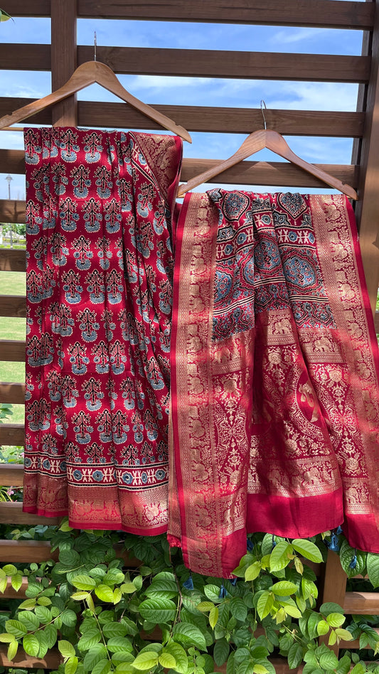 Red Asopallav Buta Motif Ajrakh Hand Block Dola Silk Saree with Zari Pallu (With Blouse)