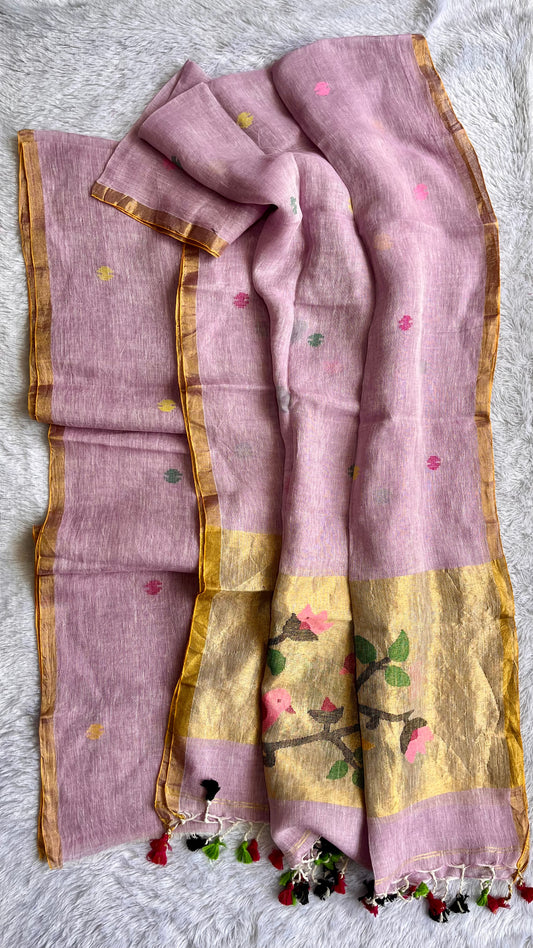 Rose Pink Paithani Unstitched Pure Linen on Linen Hand Woven Daman 2 pc Suit Set