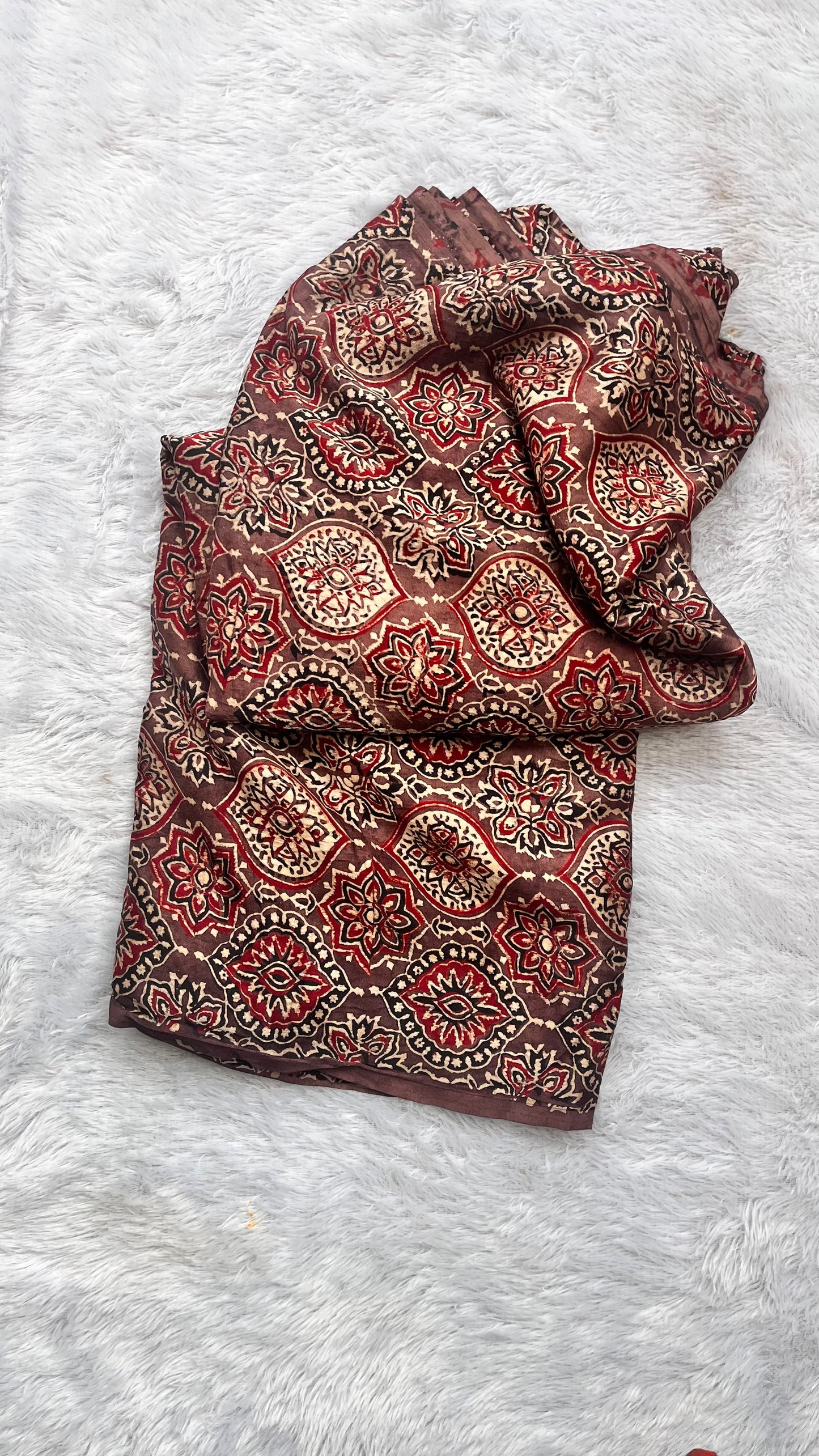 Rasin Colour Jaal Motif Ajrakh Mashru Silk fabric