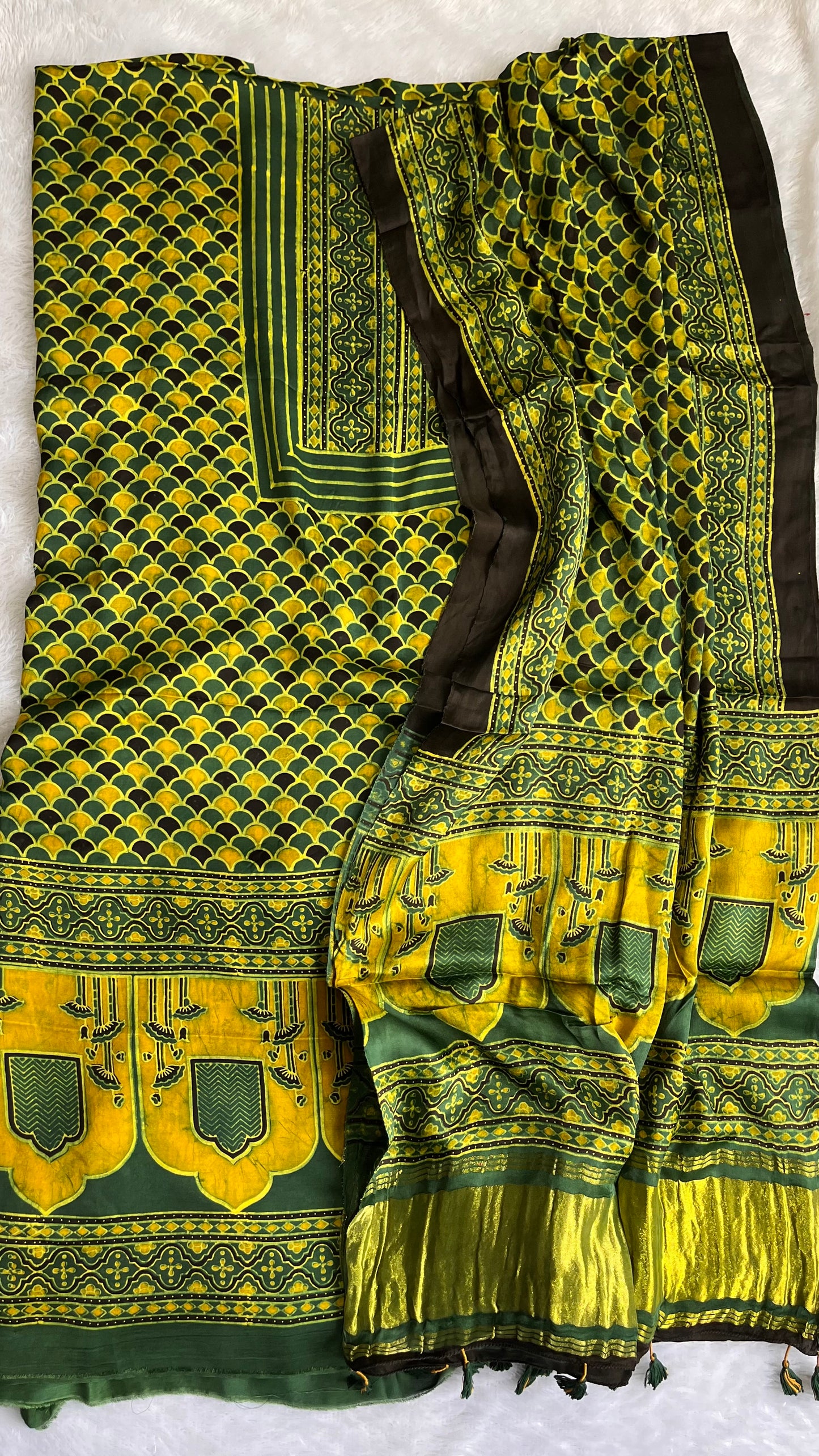 Deep Green and Yellow Mugal Buta Motif Modal Silk Ajrakh Hand Block Print 2pc Suit Set with Modal Silk Lagdi Patti Dupatta