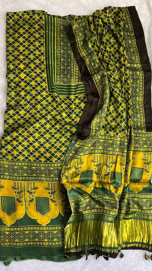 Deep Green and Yellow Mugal Buta Motif Modal Silk Ajrakh Hand Block Print 2pc Suit Set with Modal Silk Lagdi Patti Dupatta