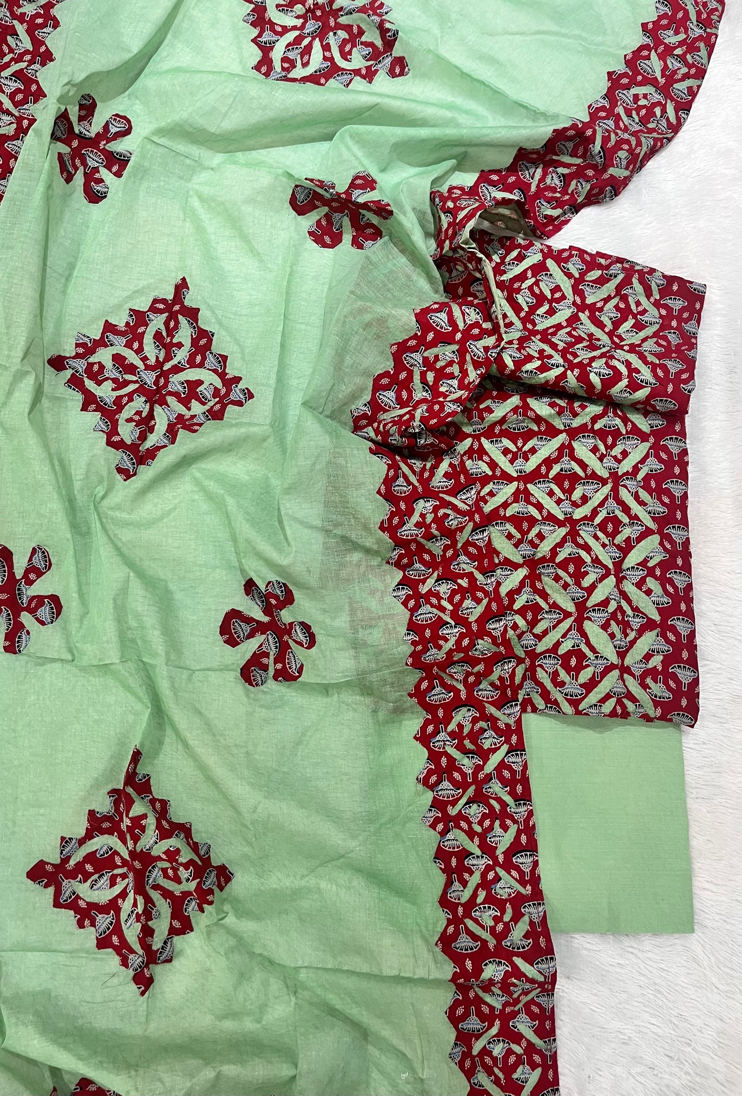 Pista Green and Red Ajrakh Applique Pure Cotton Unstitched Suit Set with Arcandi Cotton Dupatta