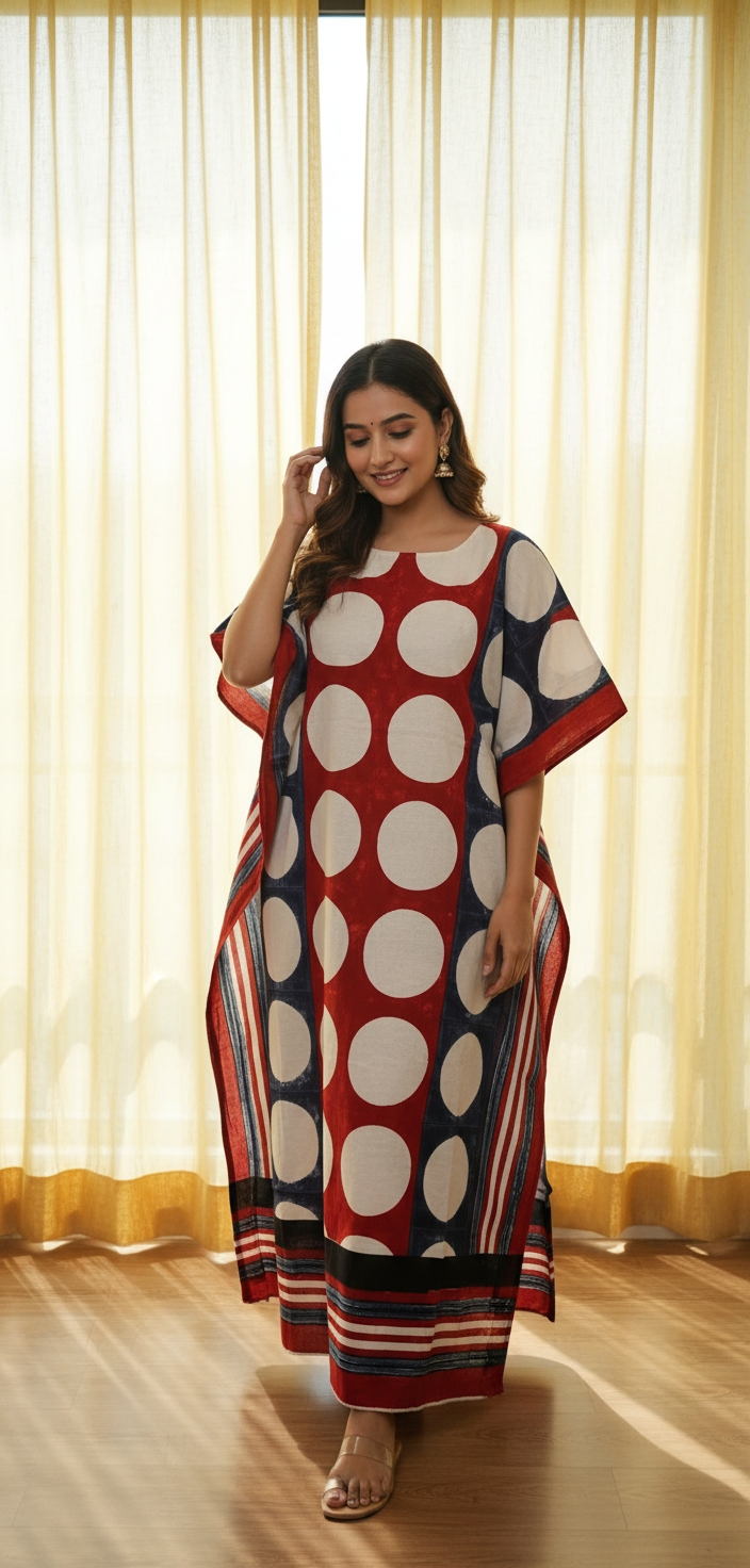 Red and Blue Circle Buta Motif Modal Silk Ajrakh Hand Block Print Designer Unstitched Fabric (Kurta Only)