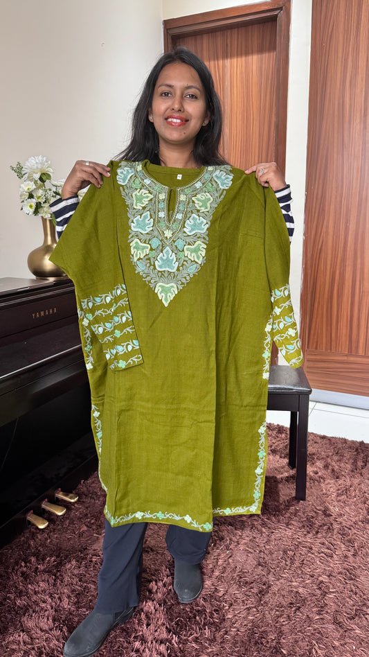 Mehendi Green Hand Embroidered Pure Marino Wool Kashmiri Pheran with Pockets and Hand Embroidered Sleeves (Size 56”)
