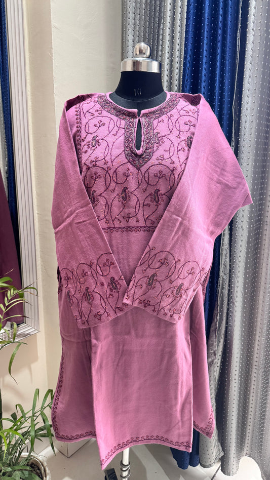 Rose Pink Hand Embroidered Pure Marino Wool Kashmiri Pheran with Pockets and Hand Embroidered Sleeves (Size 56”)