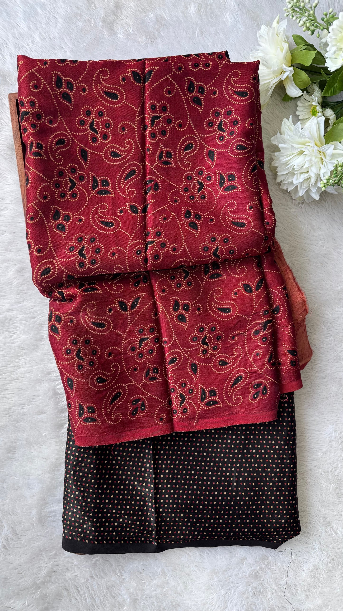 Maddar Red and Black Floral Motif Ajrakh Mashru Silk Kurta Pant Fabric