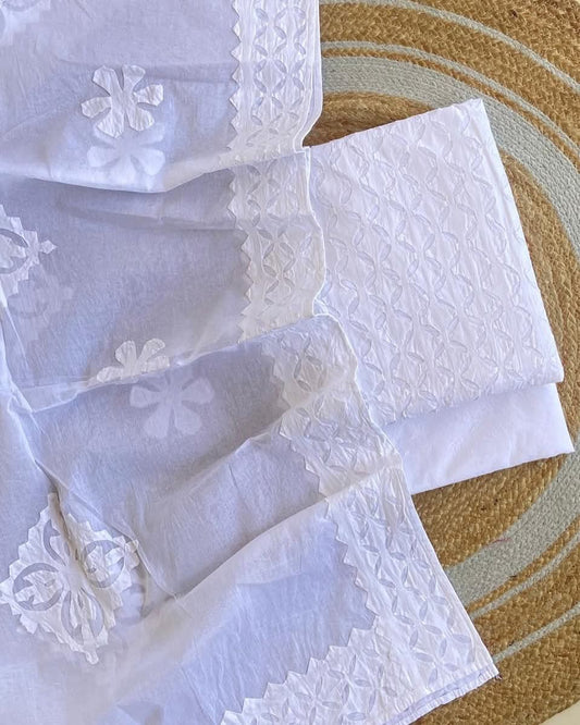 Pure White Barmer Applique Cut Work Cotton 3pc Suit Material Set