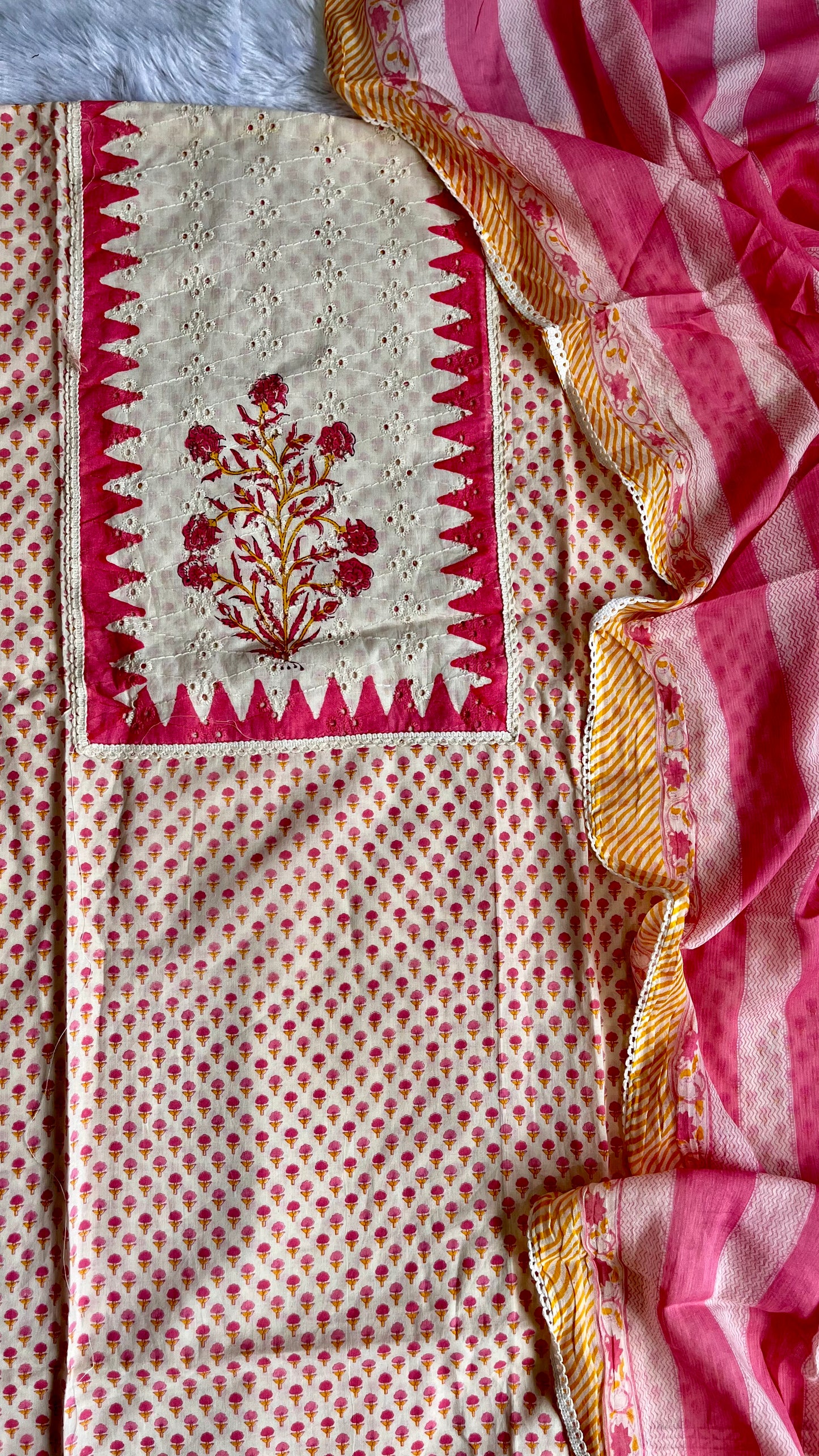 Soft Pink Small Booti with Schiffli Yoke Unstitched Pure Cotton Suit Set with Mul Cotton Dupatta