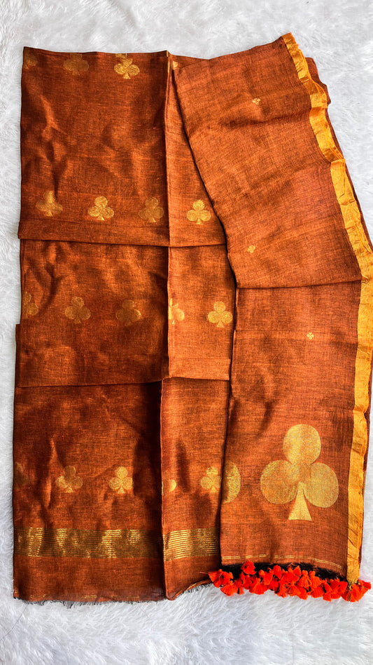 Rust Orange Paan Buta Pure Jayshree Linen with Jamdani Hand Woven Daman 2 pc Suit Set
