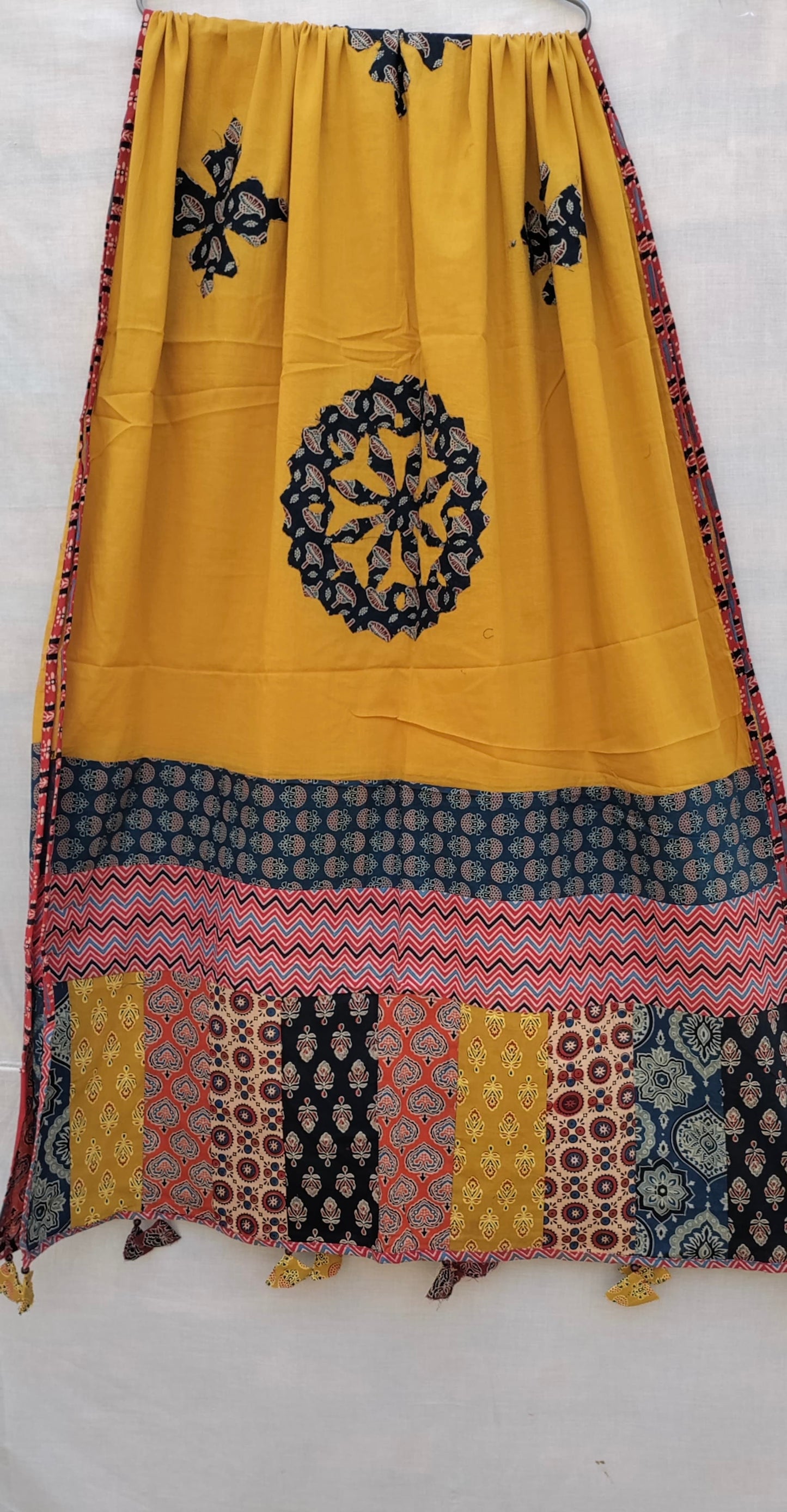 Mustard Yellow Ajrakh Applique Patchwork Cotton Dupatta